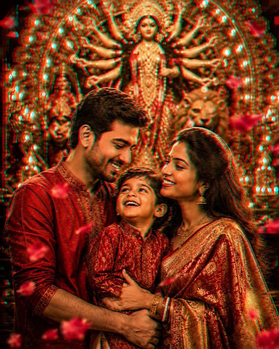 Puja family candid finished as a red-cyan anaglyph 3D photograph