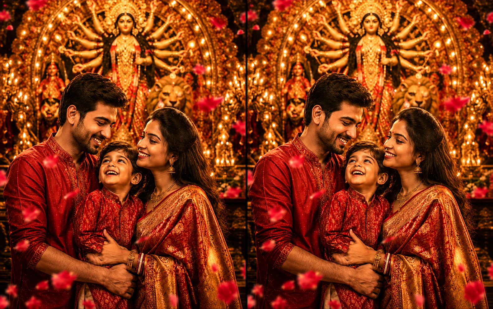 Side-by-side stereoscopic pair of the same Puja family candid